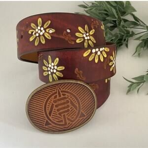 El Cid Embossed Leather Belt Vintage Tooled Brass Belt Buckle Western Rodeo Boho